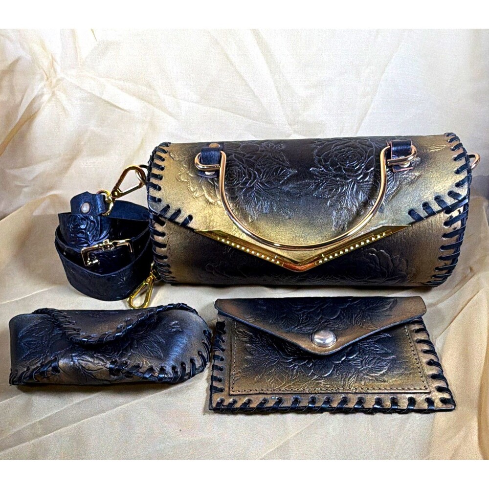 NWT 3pc Tooled Leather Barrel Purse /Eyeglass Holder 2 Pocket Wallet 36” Strap